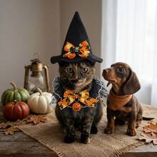 1 Set Halloween Pet Bandana Hat Set, With Bell Collar Triangular Scarf, Suitable For Cats And Dogs, Cute Witch Hat And Drooling Scarf, Adjustable Neck Decor, Holiday Party Photo Props, Pet Clothing Accessories, Cat And Dog Supplies, Pet Supplies - Multicolor - View 3