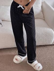 1pc Women's Comfortable Mini Polka Dot Bow Long Pajama Pants, Soft Polyester Opaque - Black - View 5
