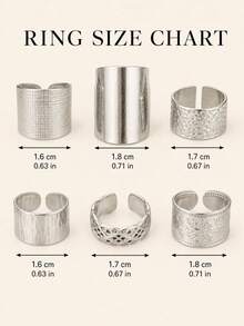 304 Stainless Steel European & American Vintage 6pcs Wide Textured Ring Set, Women's Personalized Hammered Engraved Metallic Stackable Rings, Minimalist Versatile Street Style Daily Party Jewelry - Geometry 6 Pieces - View 4
