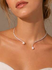 1pc Floral Rhinestone Open Collar Necklace For Women, Hot-Selling Full Rhinestone Super Shiny Pendant Necklace, Versatile Jewelry For Wedding, Party - Silver - View 1