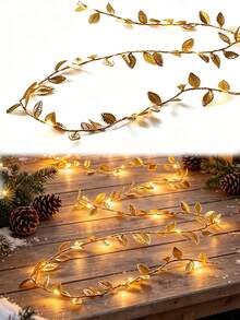 2p/1p Golden Leaf Garland Fairy Lights, Gold Leaf Fairy String Lights,Plastic Freestanding Interior String Lights With Warm White LED Lights, Battery Powered (2 Sections Not Included), For Home Decor, Table Setting, Christmas Table Decoration Lights - Multicolor - View 5