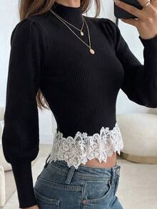 Black Fitted Knit Sweater With Elegant Lantern Sleeves And Embroidered Lace Hem Splice, Suitable For Dating, Commuting, Holidays And Parties - Black - View 5