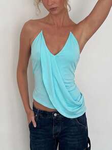 Women's Halter Neck Drape Front Cami Top, Short Polyester Medium Stretch Aqua Blue Tank, Gorgeous Summer Clothes - Blue - View 3