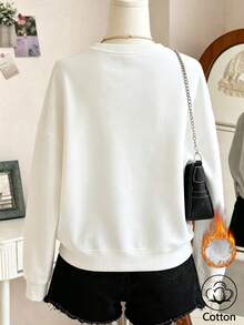 Women's White Round Neck Long Sleeve Pullover Sweatshirt With Rib-Knit Details And 'Positivity Forever' Graphic Print, Casual Style, - White - View 2