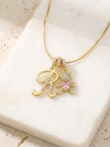 1pc Exquisite Cute Pink & Initial Pendant Necklace, Suitable For Girls Anniversary Party, Birthday Gift, Children's Day And Daily Wear - Gold - View 4