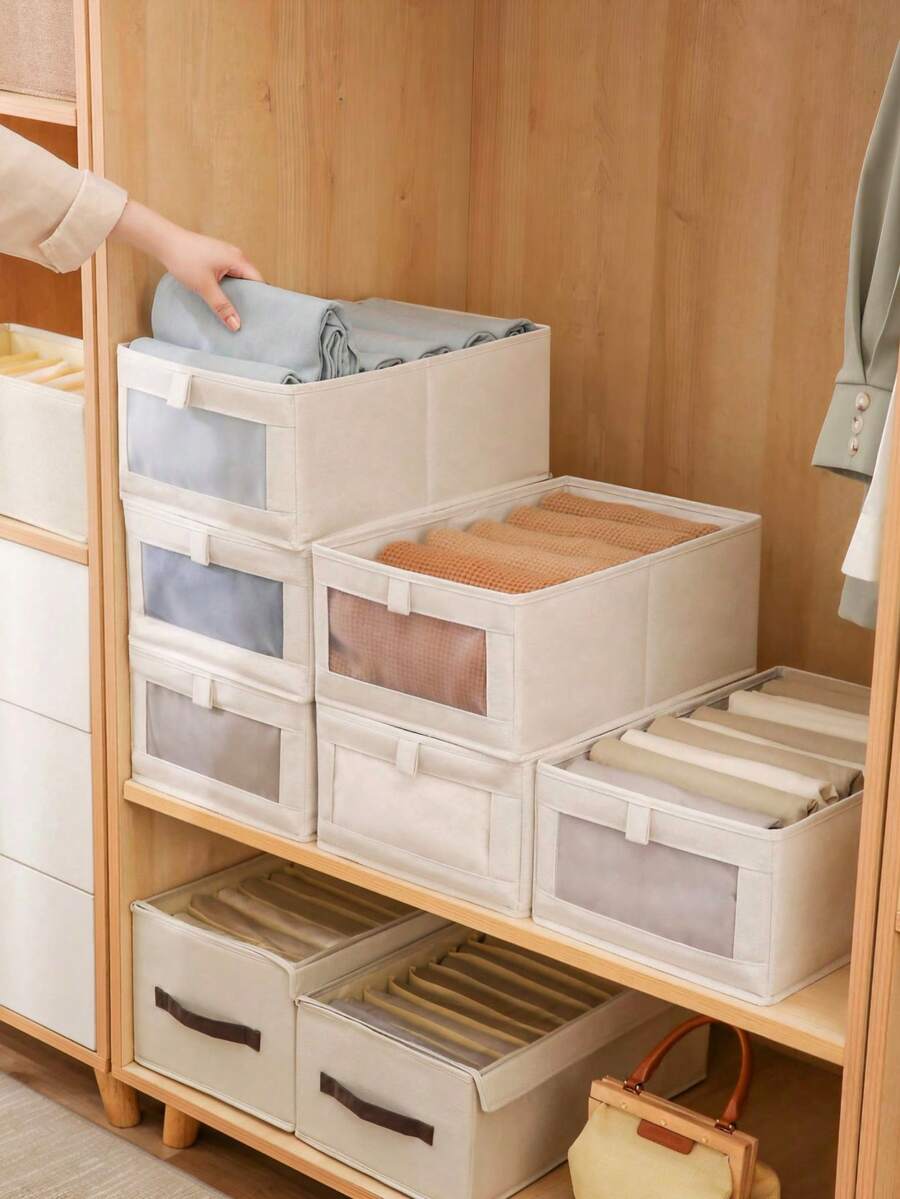 1件裝布製衣櫥收納盒,牛仔褲收納盒附透明視窗,適合存放牛仔褲、內衣、內褲、襪子、領帶,適用於臥室與浴室 - 米色 - 查看 1