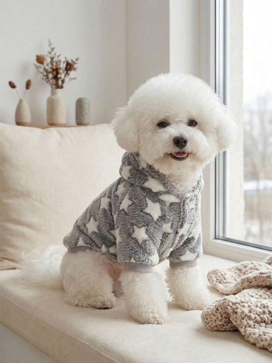 Grey With White Stars Polyester Warm Thick Machine Washable Pet Hoodie, Suitable For Small To Medium Pets For Indoor Or Outdoor Wear In Autumn And Winter (Size Runs Small, Recommend Buying 1-2 Sizes Up)