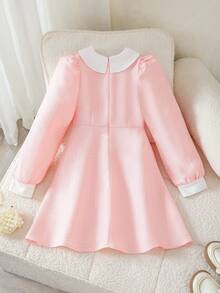Autumn/Winter Girls Casual Cute Versatile Party Fresh Minimalist Round Neck Bow Beaded Colorblock Long Sleeve Dress - Pink - View 3