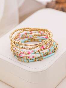 10pcs Bohemian Style Beaded Bracelets, CCB Material With Colorful Small Beads Multi-Layer Bracelets, Suitable For Women's Daily Wear Jewelry - Multicolor - View 2