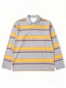 Men's Spring/Autumn Grey & Yellow-Brown Striped Long Sleeve Polo, American Vintage Loose Fit Rugby Casual Shirt - Yellow - View 4