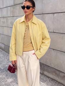 Women's Zipper Jacket, Loose Long Sleeve, Casual New Style 2024 Fashion Women's Flight Jacket, Short Jacket Yellow - Yellow - View 6