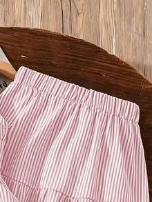 Left Mama Girls' Elegant Bow Decor Striped Sleeveless Top And Skirt Set, Suitable For Commuting And School Style - Pink - View 6