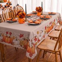 1pc Thanksgiving Autumn Pumpkin & Maple Leaf Print Rectangular Tablecloth, Suitable For Holiday, Party, Birthday, Dinner, Restaurant Table Decor, Autumn/Winter Home Decoration - Multicolor - View 3