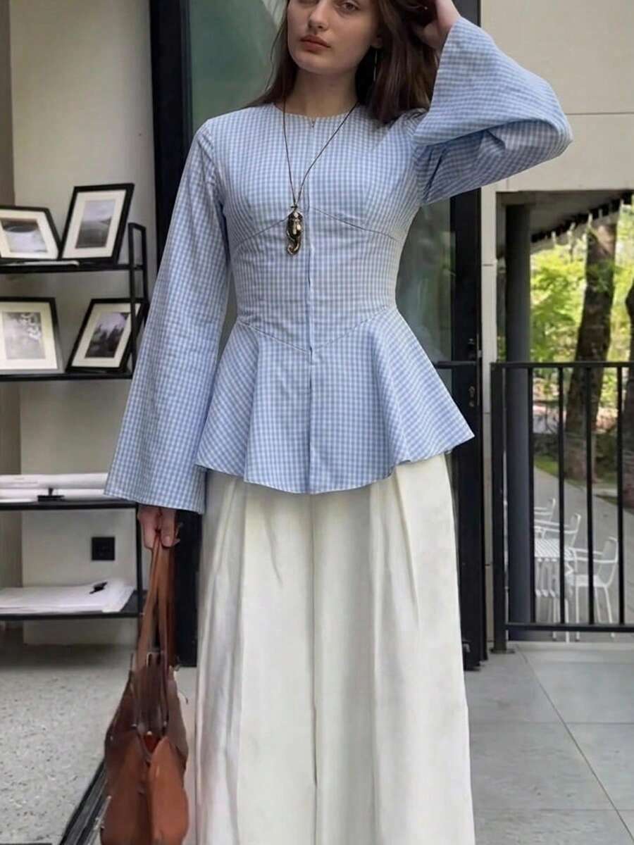 Plaid Polyester Back Tie Shirt For Vacation, Office, Daily Wear, Date, Airport Outfit, Travel, Spring, Autumn, Winter - Light Wash - View 1