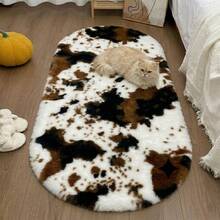 1件超柔軟蓬鬆仿兔毛裝飾地毯，橢圓形動物印花紋理絨毛床邊地毯，可水洗美觀家居裝飾，蓬鬆橢圓地毯－美觀柔軟動物牛紋床邊地毯，超柔軟仿毛長條地毯，舒適西式臥室裝飾，毛絨地毯，秋冬地毯 - 彩色 - 查看 4