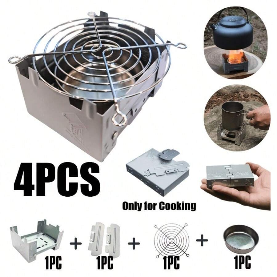 4pcs Mini Folding Camping Stove Set, Random Style, Compact Design With Wind Guard And Fuel Tray, Multi-Purpose Wood/Charcoal Stove, Suitable For Hiking, Camping, Emergency Survival, For Cooking Only, Do Not Contact Food, Suitable For Pots, Pans, Bowls - Multicolor - View 1