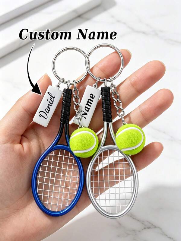 1pc Personalized Tennis Racket And Tennis Ball Keychain, Mini Realistic Tennis Ball Keychain, Customizable Name, Suitable For Tennis Enthusiasts Unisex Gift And Car Key Pendant, Sports-Themed Gift For Tennis Lovers, Players, Coaches And Fans.