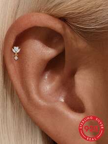 1pc 925 Sterling Silver Sparkling Zirconia Earrings Studs For Women 18K Gold Plated Flat Back Earring Tragus Conch Helix Piercing Birthday Gifts Jewelry - Gold - View 9