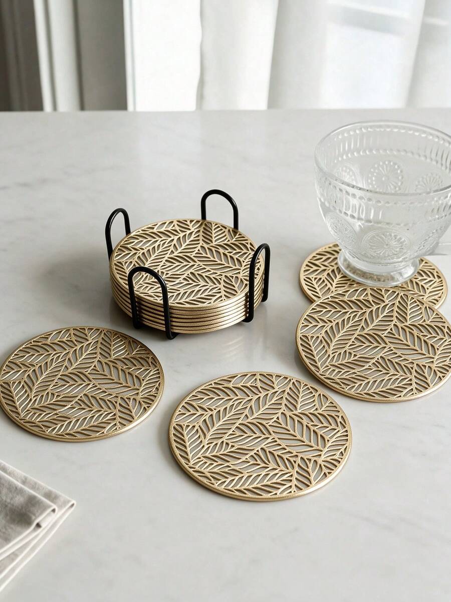 12pcs Gold Hollow Drink Coasters, Washable Table Decor, Non-Slip Tableware Mats, Breathable And Heat-Dissipating, Lightweight And Easy To Store, Suitable For Restaurants, Cafes, Homestays, Fit For Afternoon Tea, Festivals, Parties, Gatherings, Birthdays, Weddings, Dinner Parties. - Multicolor - View 1