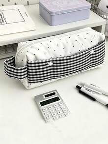 Japanese Niche Design Ins Style Polka Dot Plaid Pencil Case For Women, Large Capacity Travel Portable Handbag, 3D Makeup Organizer Bag - White - View 3