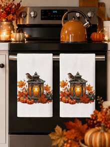 2pcs/4pcs Autumn Thanksgiving Kitchen Towels, Vintage Lantern Bird Pumpkin Maple Leaf Print, Harvest Home Decor Hand Towels - Multicolor - View 6