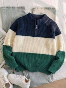 Boys' Tween BoysCollege Style Color Block Striped Half-Zip Sweater, Small Stand Collar Knit Pullover, Long Sleeve, Suitable For School, Casual, Spring, Autumn, Winter - Navy Blue - View 3
