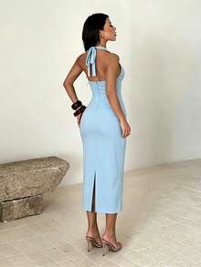 1pc Solid Color Elegant Knit Fabric Sleeveless Dress For Wedding Beach Summer - Blue - View 4