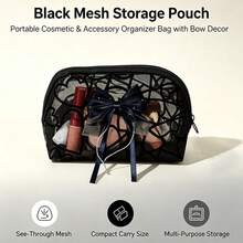 Black Mesh Multi-Purpose Storage Bag, Heart Pattern Makeup Bag With Elegant Bow Decoration, Lightweight Portable Zipper Storage Bag, Suitable For Travel, Toiletries, Small Accessories, Stationery, Makeup Brushes, Daily Practical Handheld Storage Bag Gift - Multicolor - View 3