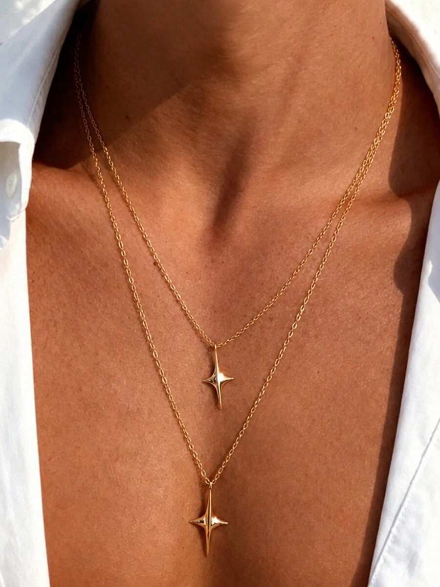 2pcs Fashion Minimalist Star Pendant Necklace, Metal Chain Necklace Set, Suitable For Daily Commute Wear, Casual Style Accessory, Ideal Gift For Men, Birthday Gift, Holiday Gift - 2pcs - View 1