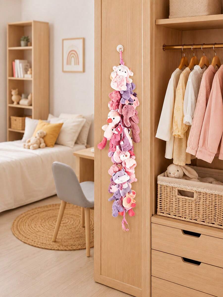 Multi-Functional Hand- Doll Storage Lanyard Set With 20 Clips And 2 Hooks, Featuring Wooden Rings And Metal Clips, Plush Display Chain, Sturdy And Durable Space-Saving Closet Organizer Hanging Accessory - Regular Model - View 1