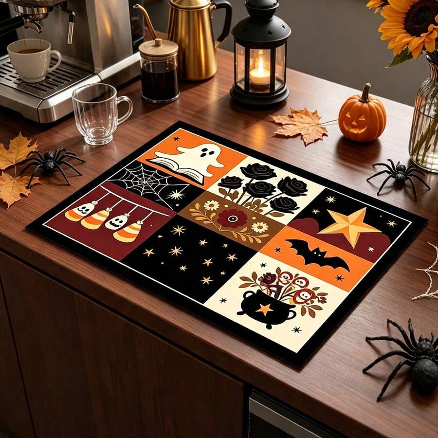 1pc Dish Drying Mat, Coffee Machine Mat, Halloween Theme Cartoon Table Mat, Kitchen Countertop Absorbent Mat, Dish Drainer Mat, Tabletop Scratch-Resistant Protective Mat, Holiday Decorative Table Mat, Multi-Purpose Drying Mat, Home Gift, Desktop Decoration