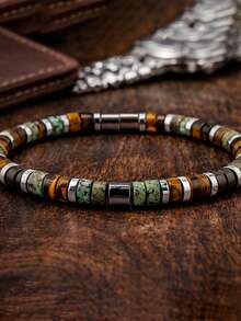 Natural Stone African Turquoise Tiger Eye Tube Beaded Bracelet For Men, Boho Style Handmade Fashion Jewelry, Suitable For Casual Attire All Season - Multicolor - View 2