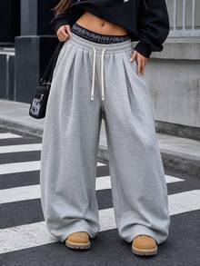 Women's Light Gray Wide Leg Sweatpants, Oversized Loose Drawstring Elastic Waistband Pocket Pants, Autumn Back To School Streetwear Style Sports - Light Grey - View 7