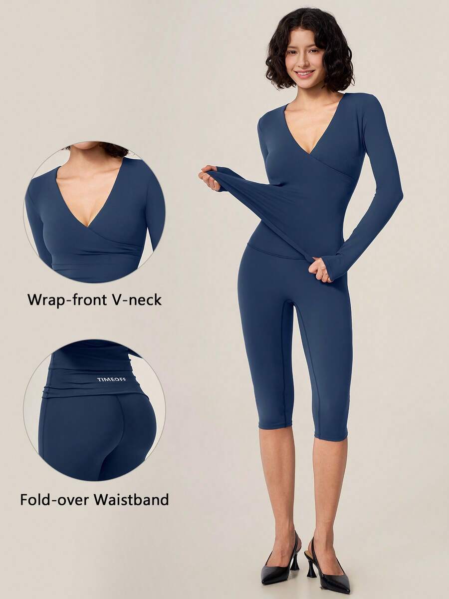 TimeOff Setelan Wanita Satu Set Warna Polos Kerah V Silang Lengan Panjang Lipatan V Pinggang Tinggi Celana Panjang Sedang - Navy Blue - View 1