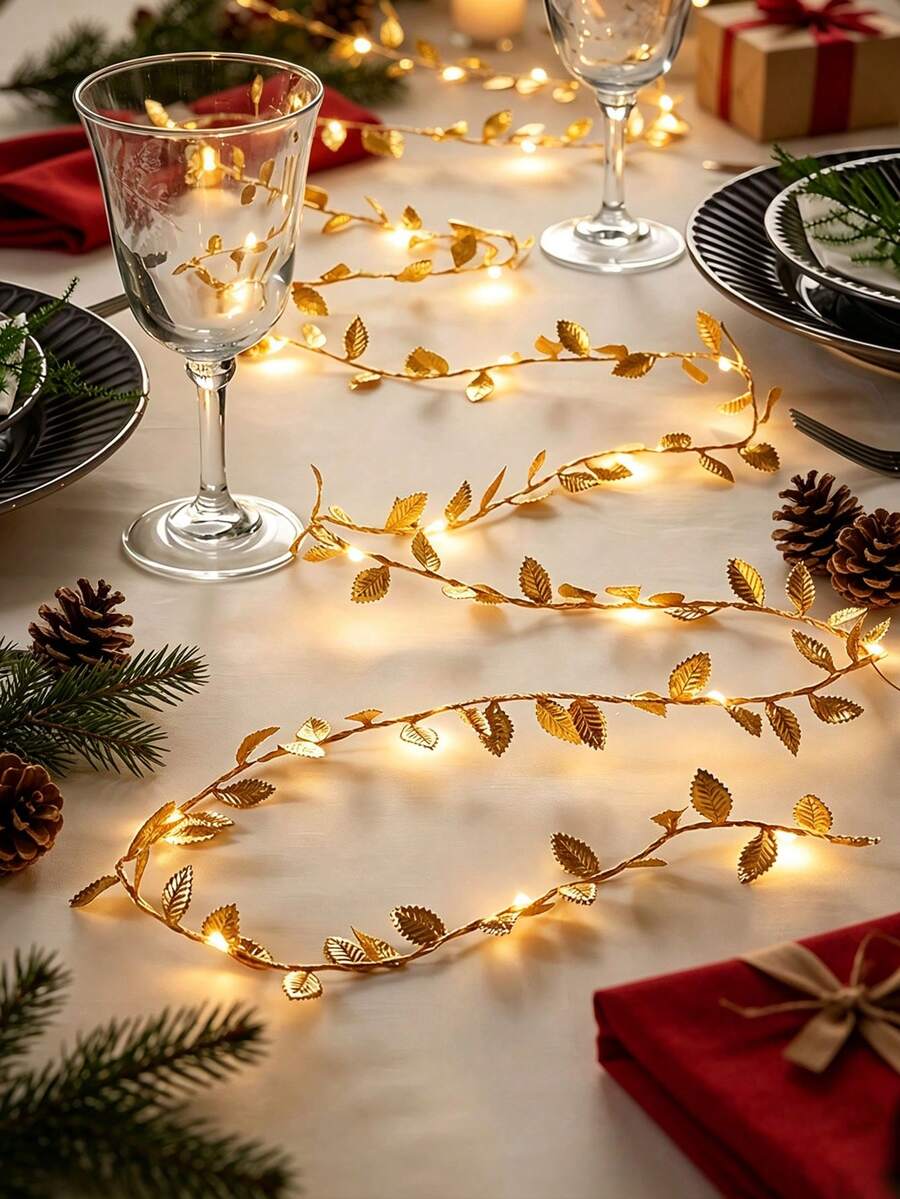 2p/1p Golden Leaf Garland Fairy Lights, Gold Leaf Fairy String Lights,Plastic Freestanding Interior String Lights With Warm White LED Lights, Battery Powered (2 Sections Not Included), For Home Decor, Table Setting, Christmas Table Decoration Lights - Multicolor - View 1