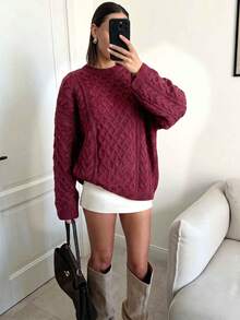 Women's Plus Size Fall Winter Burgundy Cable Knit Sweater, Round Neck Drop Shoulder Long Sleeve Loose Top For Date Casual Street‑Shot - Wine Red - View 6