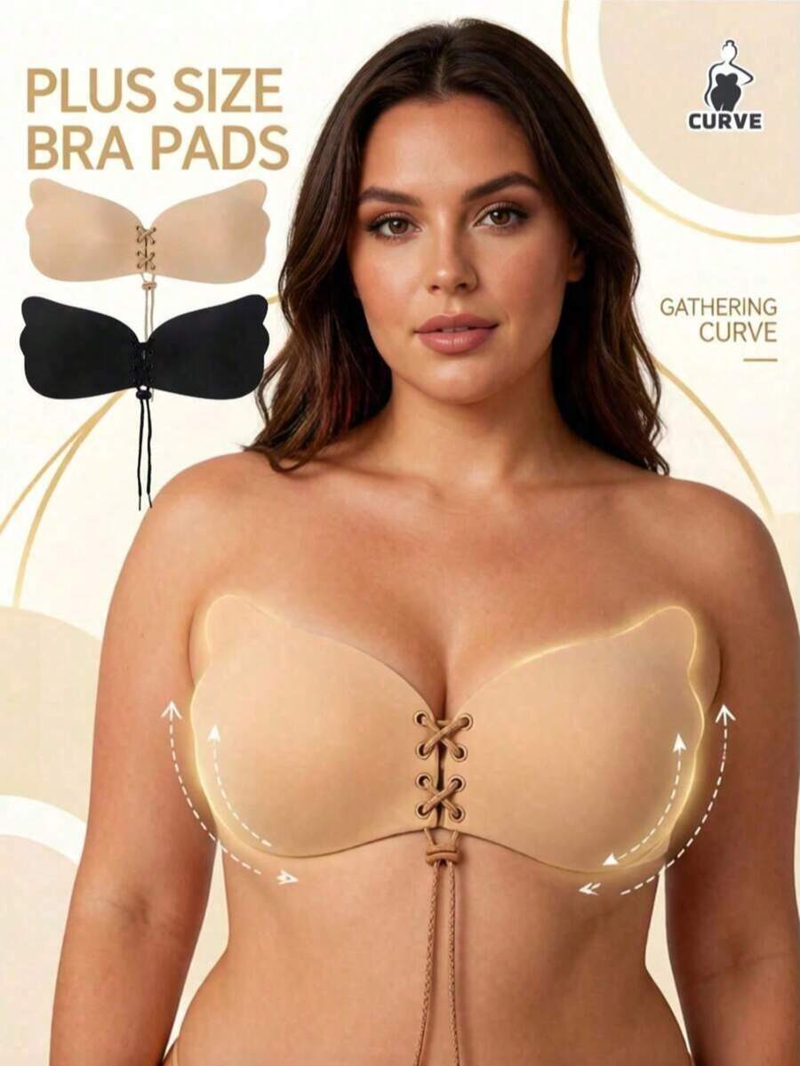 1/2pcs Black Skin-Tone Dual-Color Wing-Shaped Drawstring Self-Adhesive Bra, Minimalist Invisible Nylon Fabric, Wing-Shaped Cups With Adjustable Drawstring Ties, Honeycomb Adhesive Points With Center Glue-Free Protection, Shaping Body Lines, Suitable For Wedding Dress, Evening Gown, Backless Outfits, Weddings, Parties, Commuting, Vacation - Drawstring - View 1