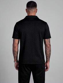 Pure Black Wheat Ear Jacquard Knit Polo Shirt With Half-Zip Collar And Drawstring Straight Leg Pants, Men's Casual 2 Pieces Set - Black - View 6