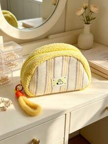 1pc Striped Plush Zipper Pouch, Soft Fuzzy Cosmetic Pouch With Wrist Strap, Cute Half-Moon Storage Pouch, Portable Small Pouch For Coins, Lipstick & Sundries, Fluffy Trim Design Makeup Pouch, Versatile Daily Storage Pouch For Travel & Daily Carry - Multicolor - View 14
