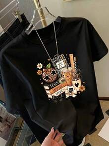 Plus Size Women's Casual Leopard Print Apple Graphic Round Neck Short Sleeve T-Shirt Top For Spring/Summer/Autumn - Black - View 5