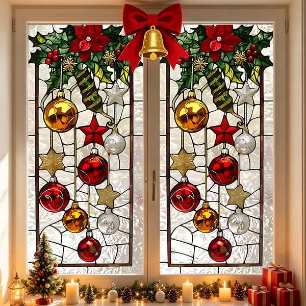 1/3pcs Christmas Frosted Static Window Clings, Stained Glass Style Xmas Tree Bauble Poinsettia Decals, Glue‑Free Privacy Static Glass Sticker, Festive Window Decor For Home Shop Door Holiday Party Decor Gift