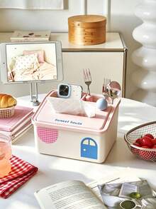 1/2pcs Multifunctional Tissue Box With Compartments, Cute Desktop Napkin Holder With Phone Slot, Plastic Dust‑Proof Tissue Storage Organizer For Desk Dressing Table Home Decor - Multicolor - View 7