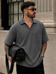 Lookun Men's Polo Shirt, Polo Collar, Short Sleeve, Knitted, Loose Fit, Dropped Shoulder, Commuter Style, V-Neck, Short Sleeve Top, Spring/Summer - Dark Grey - View 1