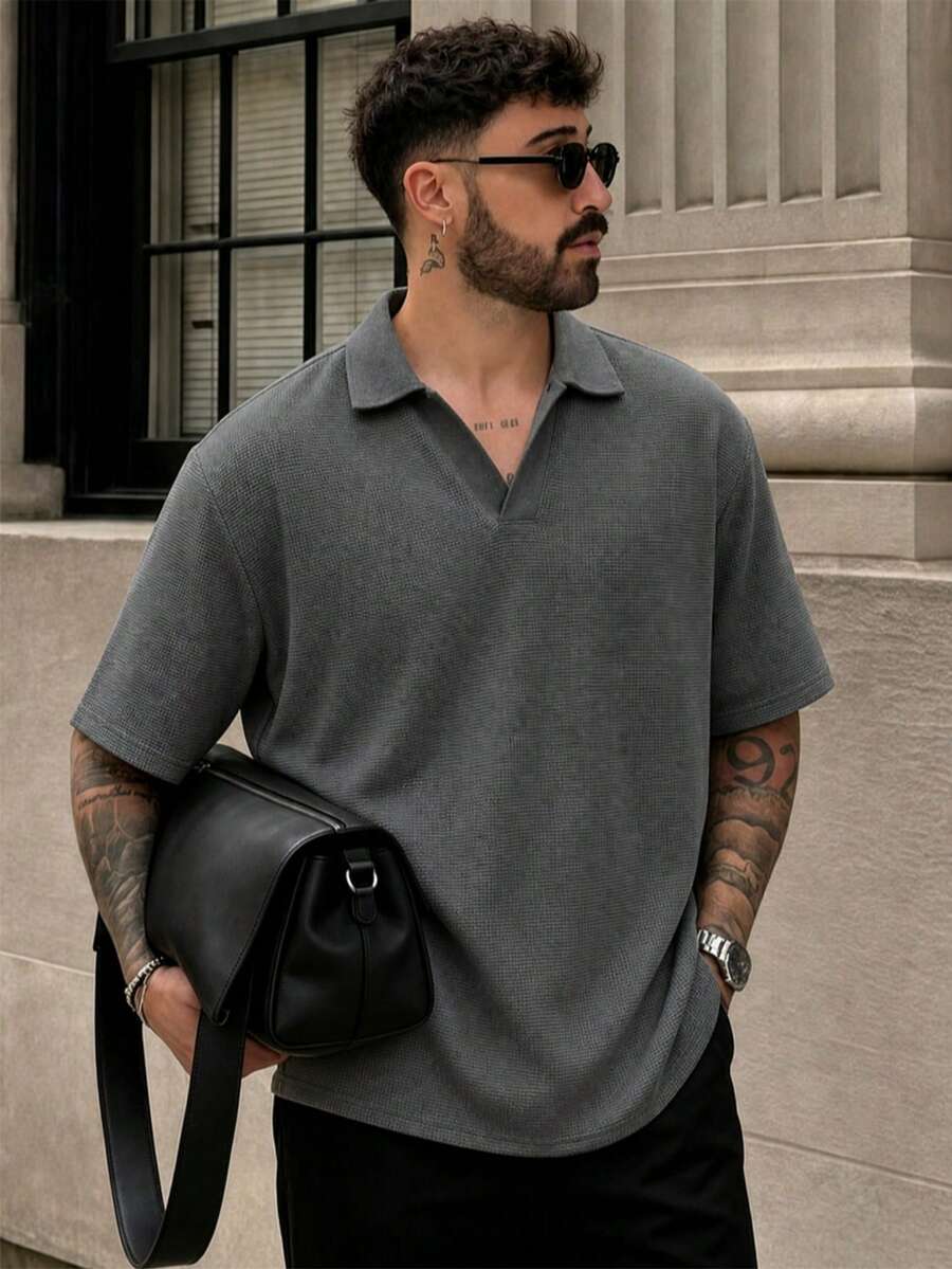 Lookun Men's Polo Shirt, Polo Collar, Short Sleeve, Knitted, Loose Fit, Dropped Shoulder, Commuter Style, V-Neck, Short Sleeve Top, Spring/Summer - Dark Grey - View 1