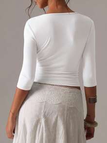 Women's Solid Color Deep V-Neck Pleated Fitted Versatile Daily Wear Top White - White - View 11