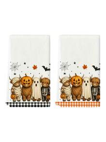 2pcs/4pcs Halloween Kitchen Towels, Highland Cow Mummy Ghost Skeleton Pumpkin Bat Spider Web Print, Plaid Trim Home Decor Hand Towels - Multicolor - View 10