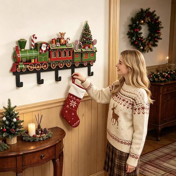 Christmas Train Santa Claus Metal Wall Hook, Christmas Gingerbread Candy Cane Decorative Wall Rack, Multi-Hook Storage Organizer, Suitable For Kitchen, Bathroom, Entryway Door And Home Decor