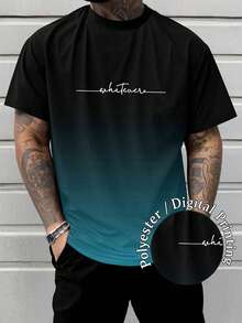 Plus Size Men's Ombre Color Slogan Print Fashionable Short Sleeve Crew Neck T-Shirt - Blue - View 1