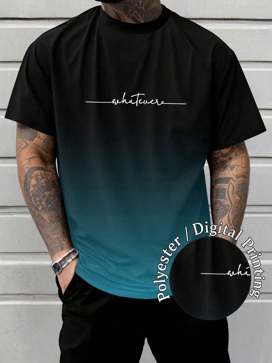 Plus Size Men's Ombre Color Slogan Print Fashionable Short Sleeve Crew Neck T-Shirt - Blue - View 1