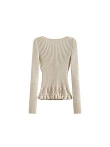Knitted Textured Patchwork Sexy Style Tie Square Neck Cable Knit Pullover Sweater - Apricot - View 9